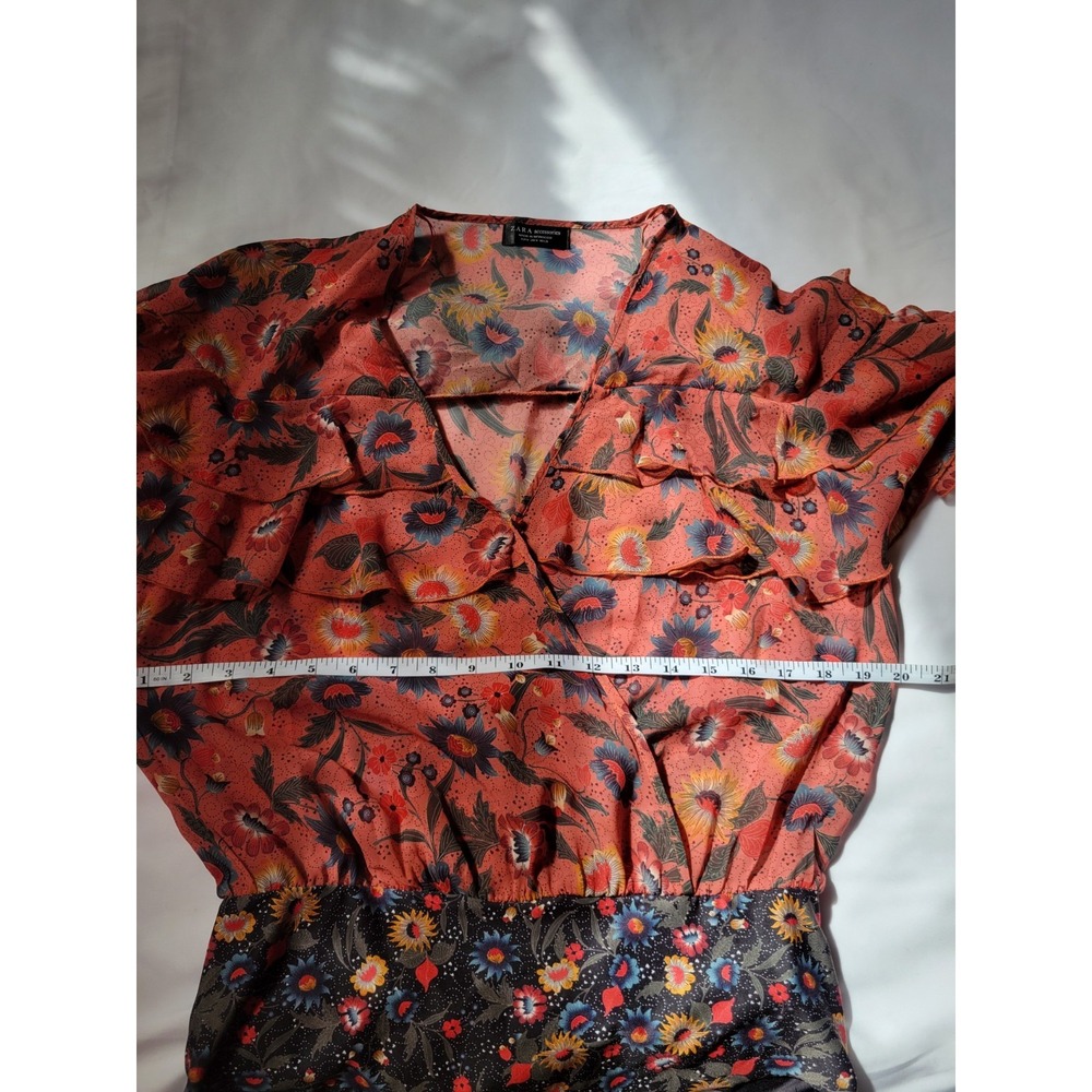 Zara Colorful Floral Ruffle Chiffon Romantic Short Sleeve Bodysuit Sz M - Picture 12 of 15